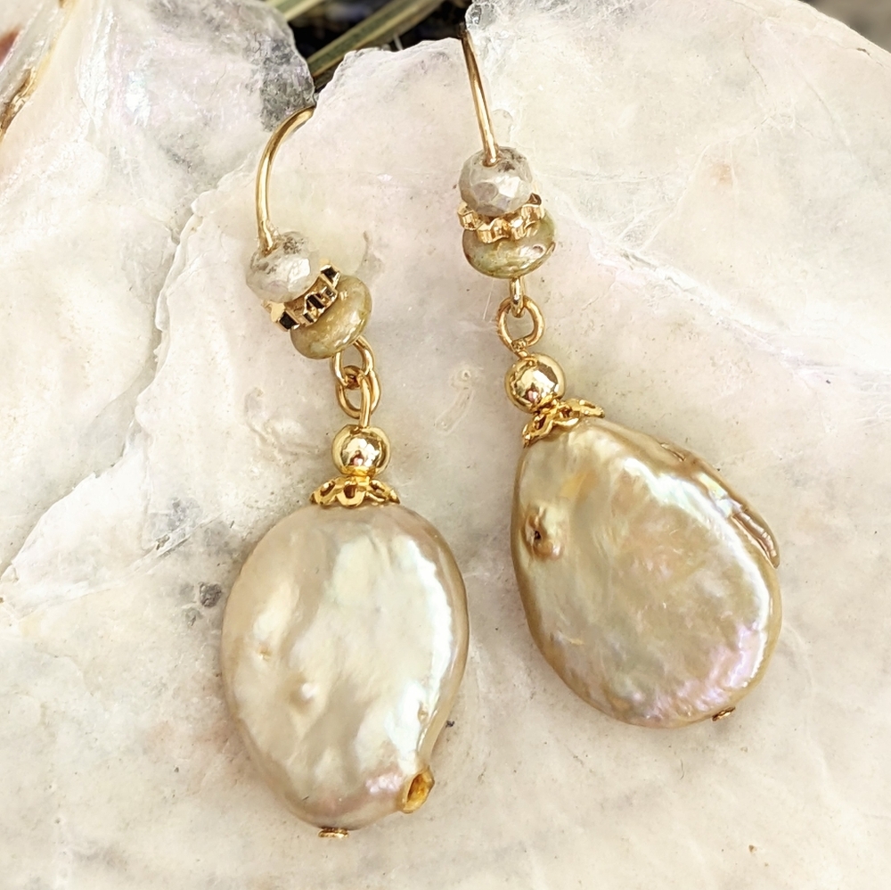 Natural Beige Freshwater Coin Pearl In Drop Down Gold Plated Earrings - Picture 2 of 5